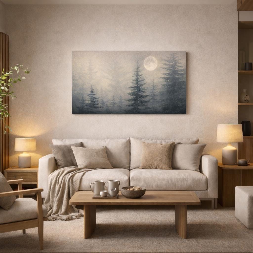Green Forest Canvas Art: Moon Landscape Above Bed Wall Art