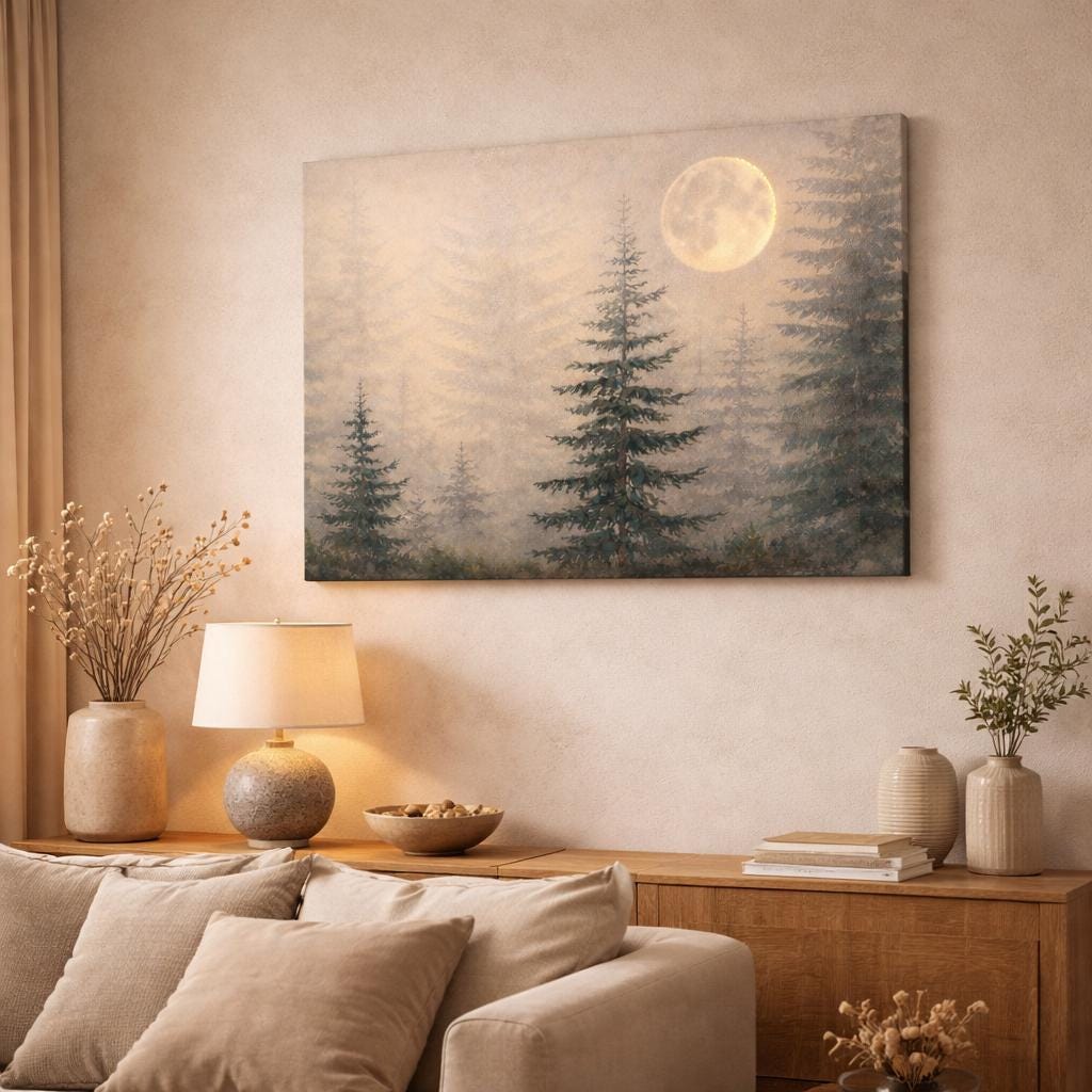Green Forest Canvas Art: Moon Landscape Above Bed Wall Art