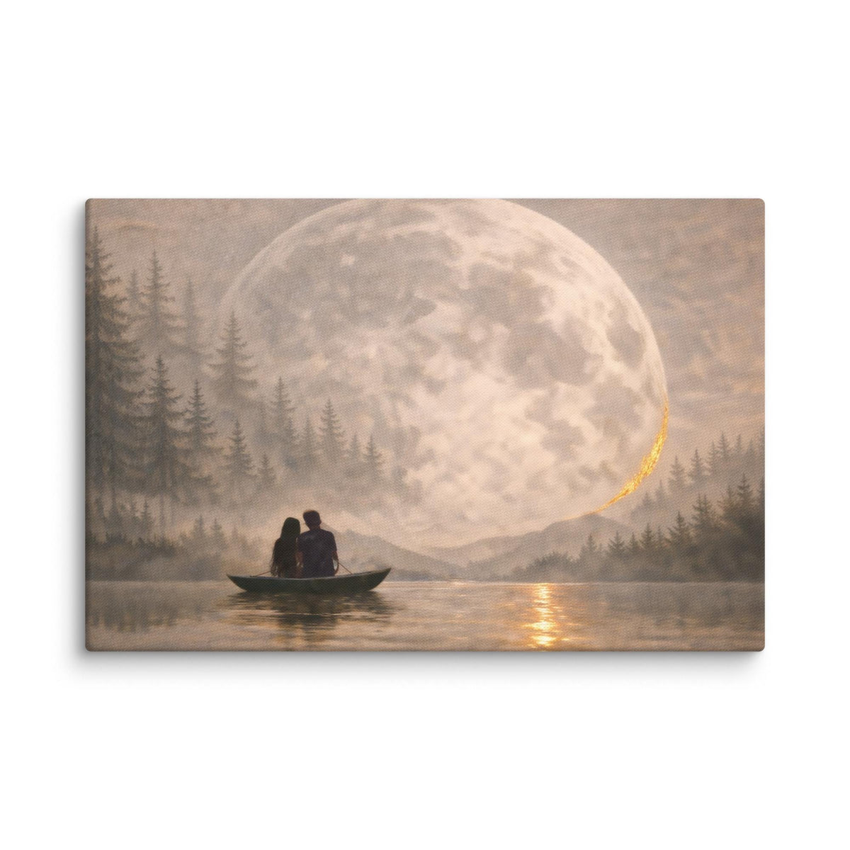 Large Panorama Canvas “Moon on the Lake” – Moody Celestial Wall Art, Above Bed Decor