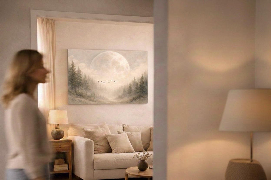Giant Moon Birds Panoramic Canvas: Ethereal Moody Landscape Painting Print