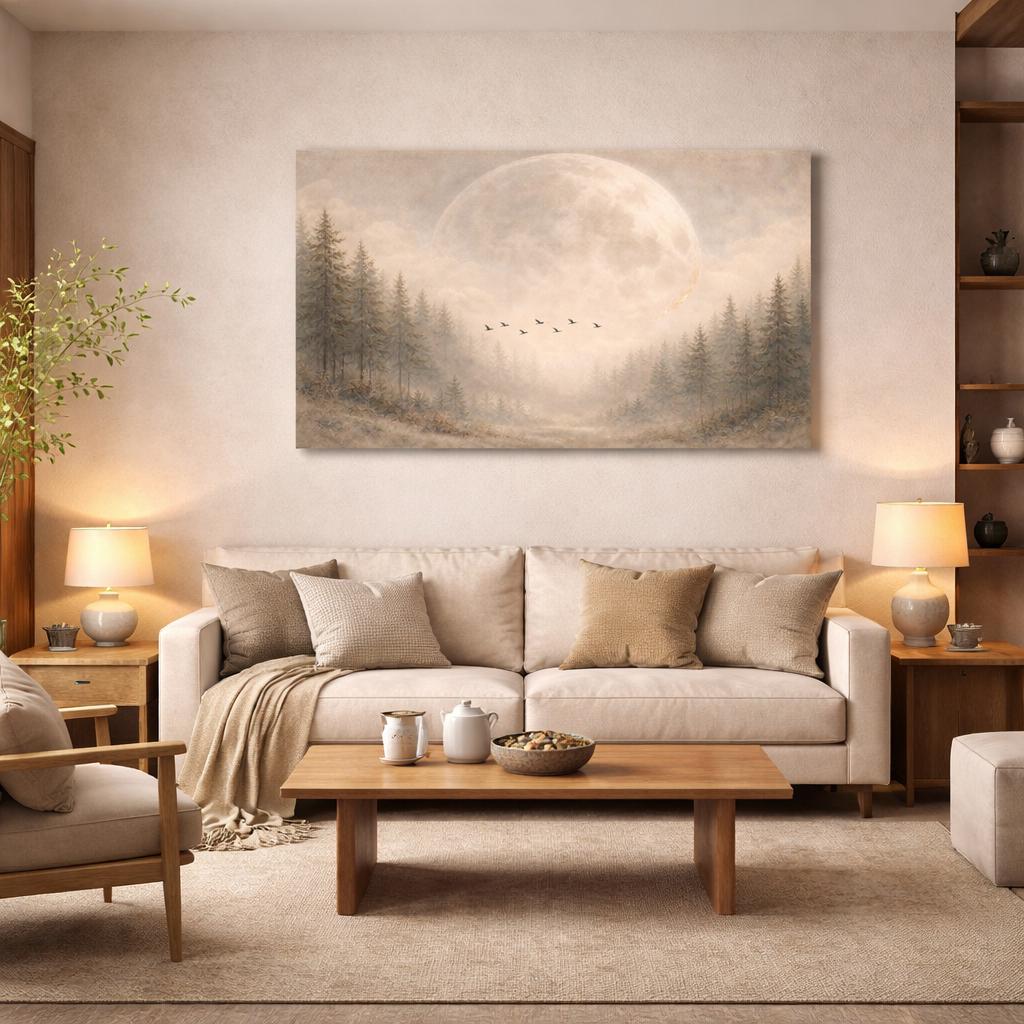 Giant Moon Birds Panoramic Canvas: Ethereal Moody Landscape Painting Print