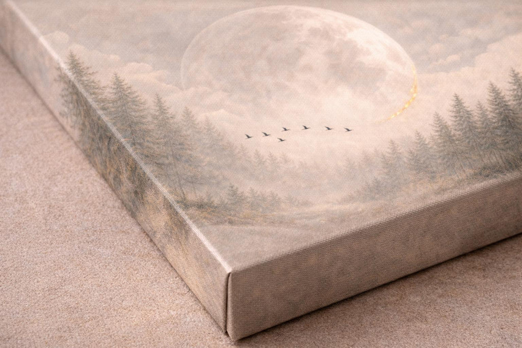 Giant Moon Birds Panoramic Canvas: Ethereal Moody Landscape Painting Print