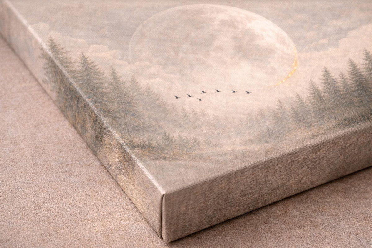 Giant Moon Birds Panoramic Canvas: Ethereal Moody Landscape Painting Print