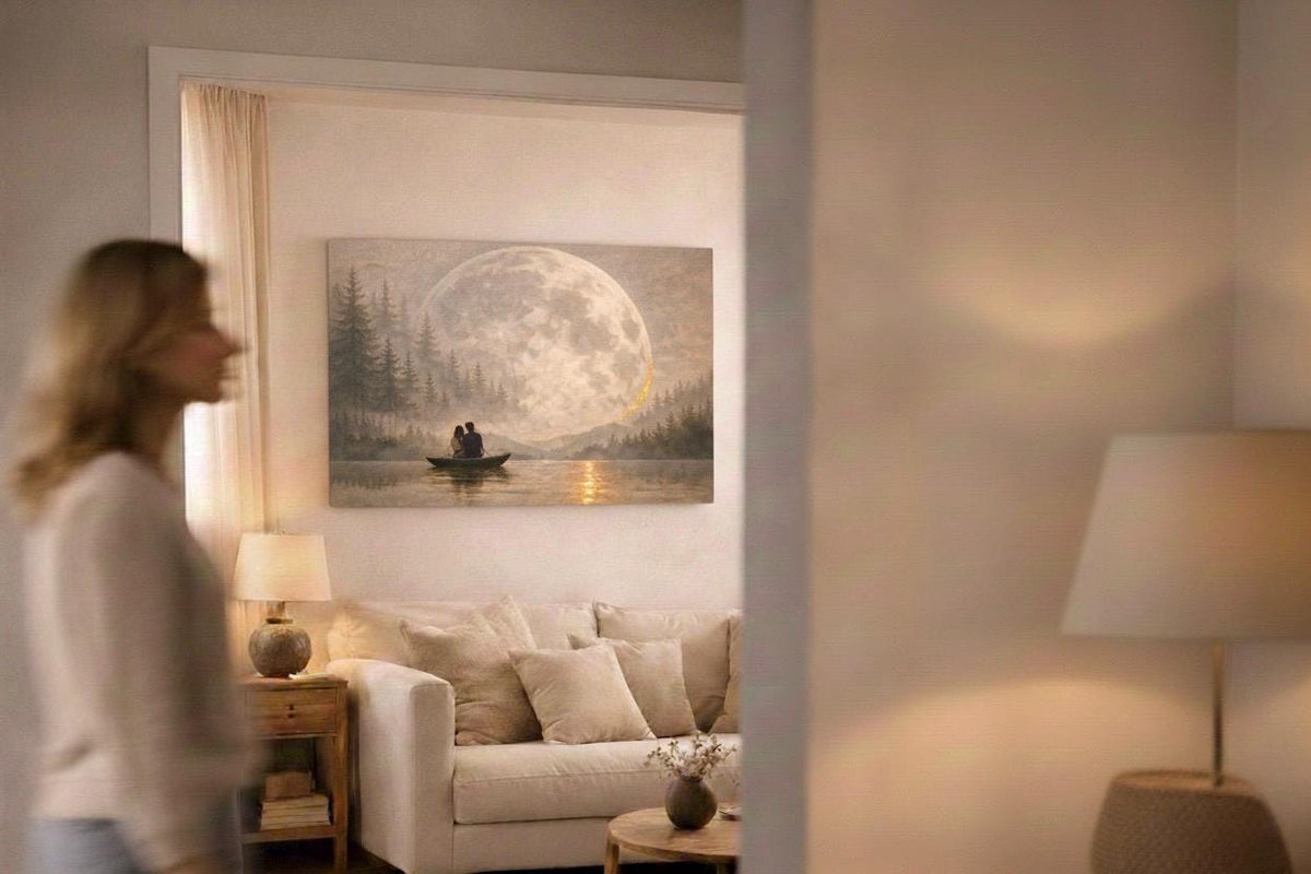 Large Panorama Canvas “Moon on the Lake” – Moody Celestial Wall Art, Above Bed Decor