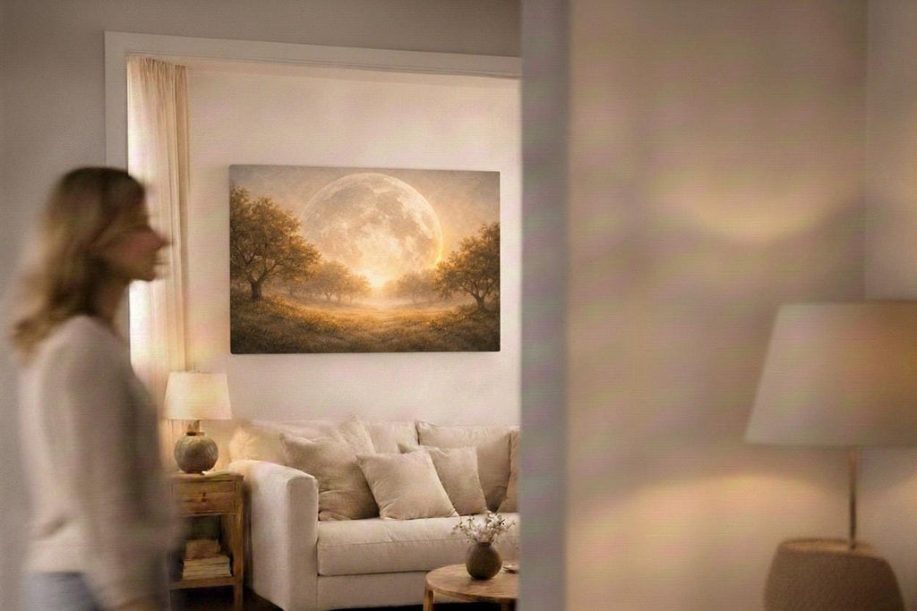 Golden Moon Landscape Canvas Print: Ethereal Celestial Wall Art