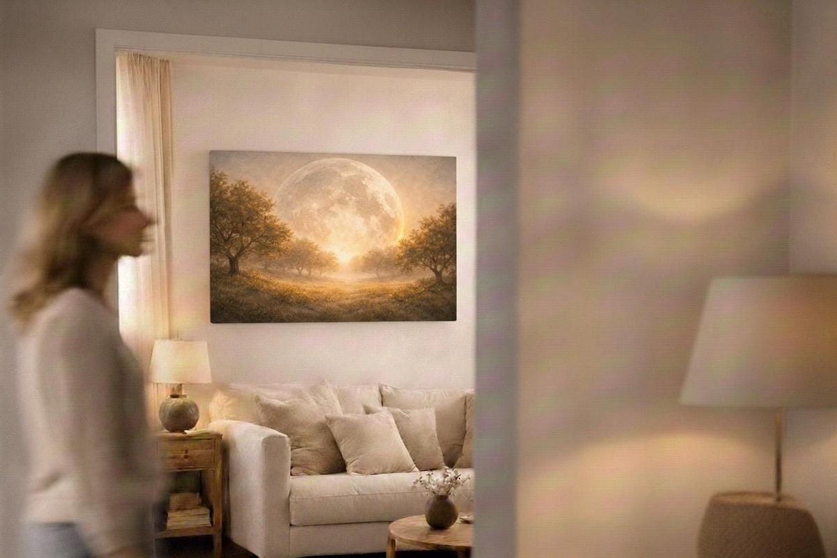 Golden Moon Landscape Canvas Print: Ethereal Celestial Wall Art