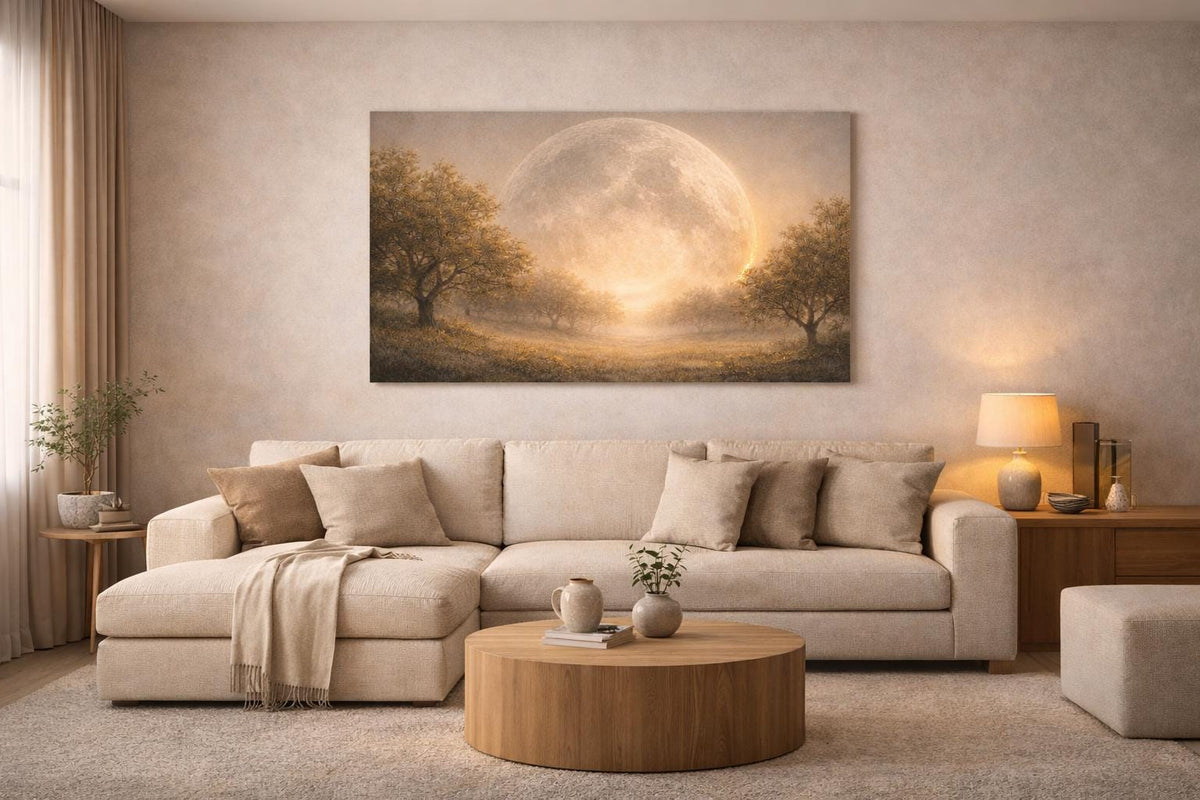 Golden Moon Landscape Canvas Print: Ethereal Celestial Wall Art