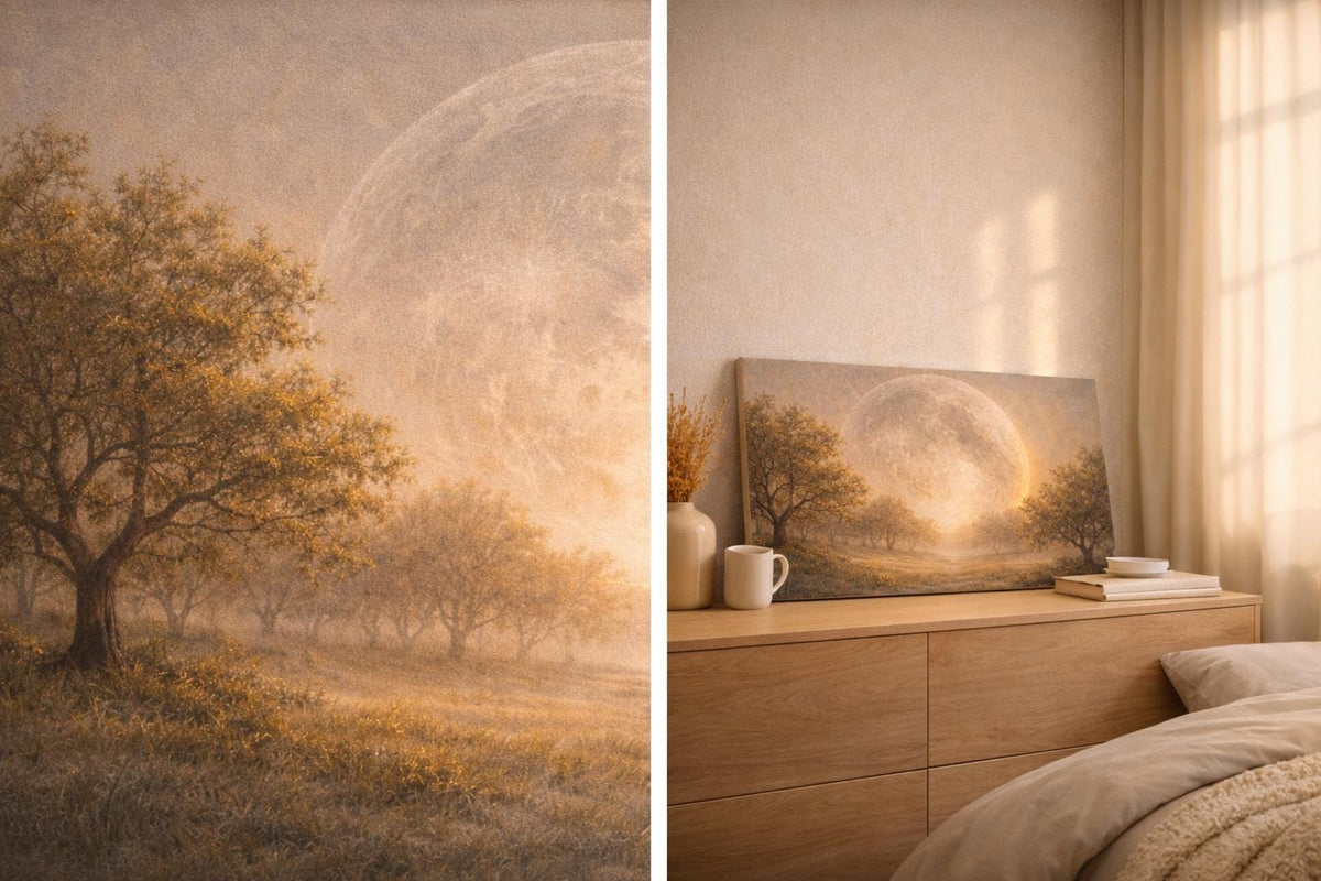 Golden Moon Landscape Canvas Print: Ethereal Celestial Wall Art