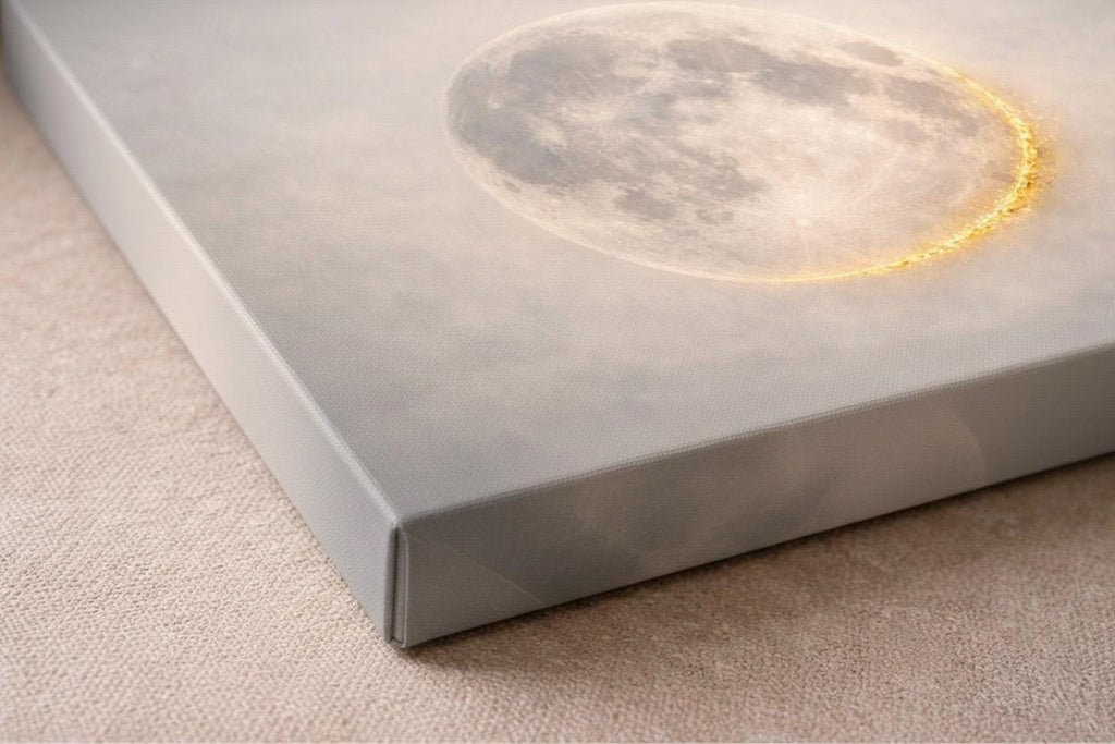 Large Panorama Gold Moon Canvas Art, Celestial Wall Hanging, Ethereal Bedroom Decor