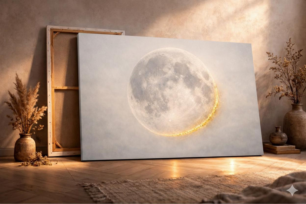 Large Panorama Gold Moon Canvas Art, Celestial Wall Hanging, Ethereal Bedroom Decor