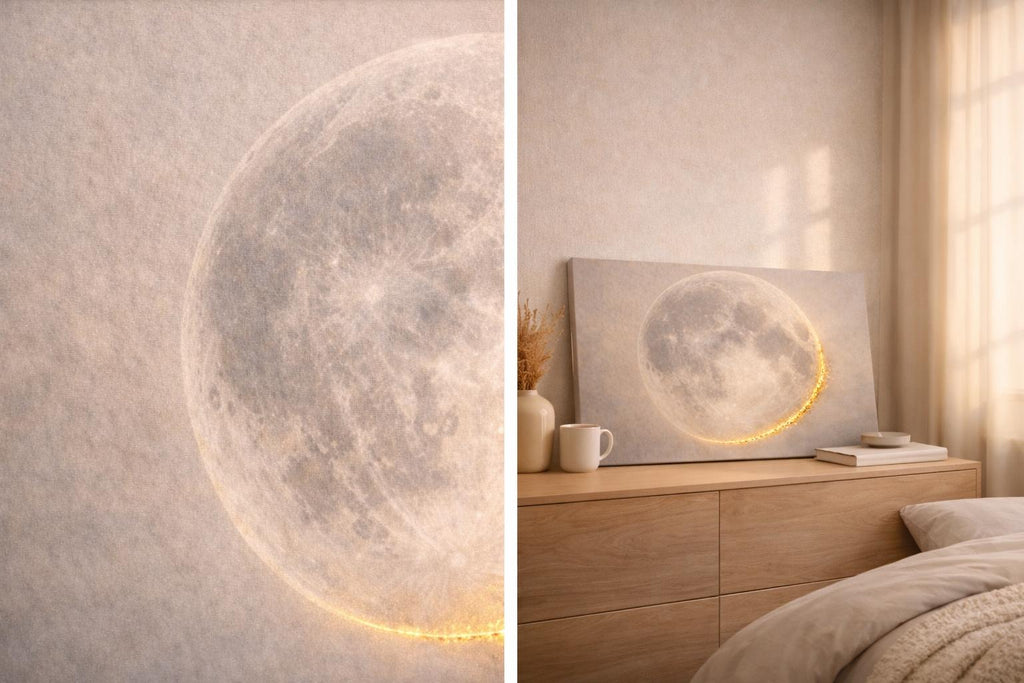 Large Panorama Gold Moon Canvas Art, Celestial Wall Hanging, Ethereal Bedroom Decor