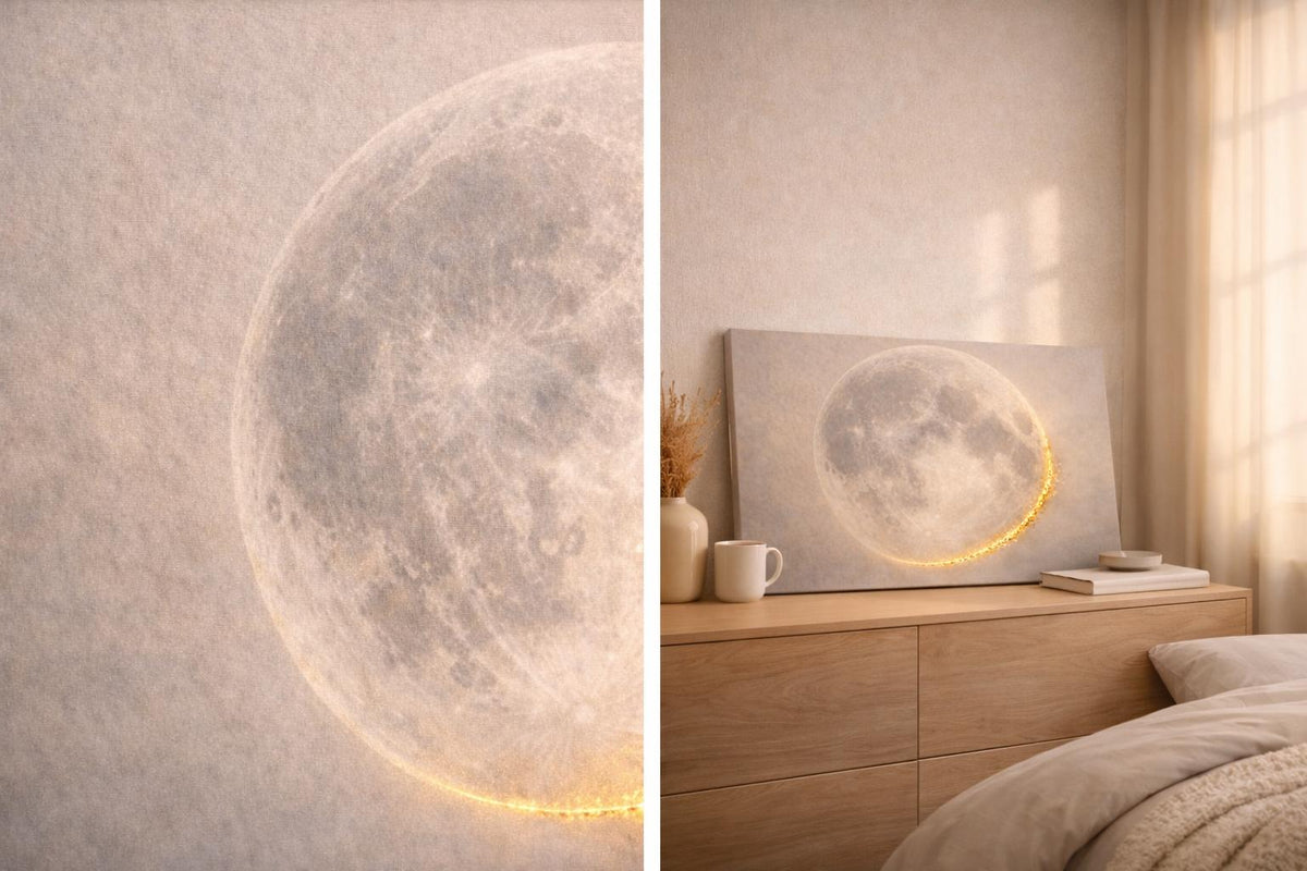 Large Panorama Gold Moon Canvas Art, Celestial Wall Hanging, Ethereal Bedroom Decor