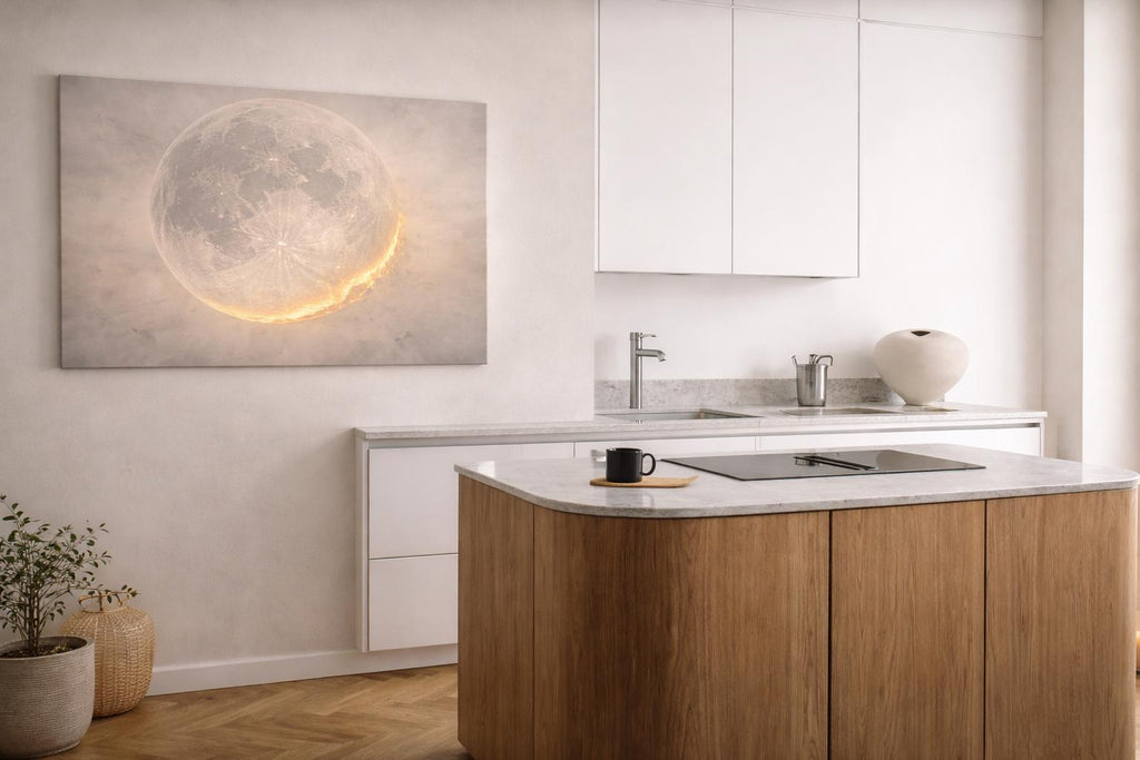 Large Panorama Gold Moon Canvas Art, Celestial Wall Hanging, Ethereal Bedroom Decor