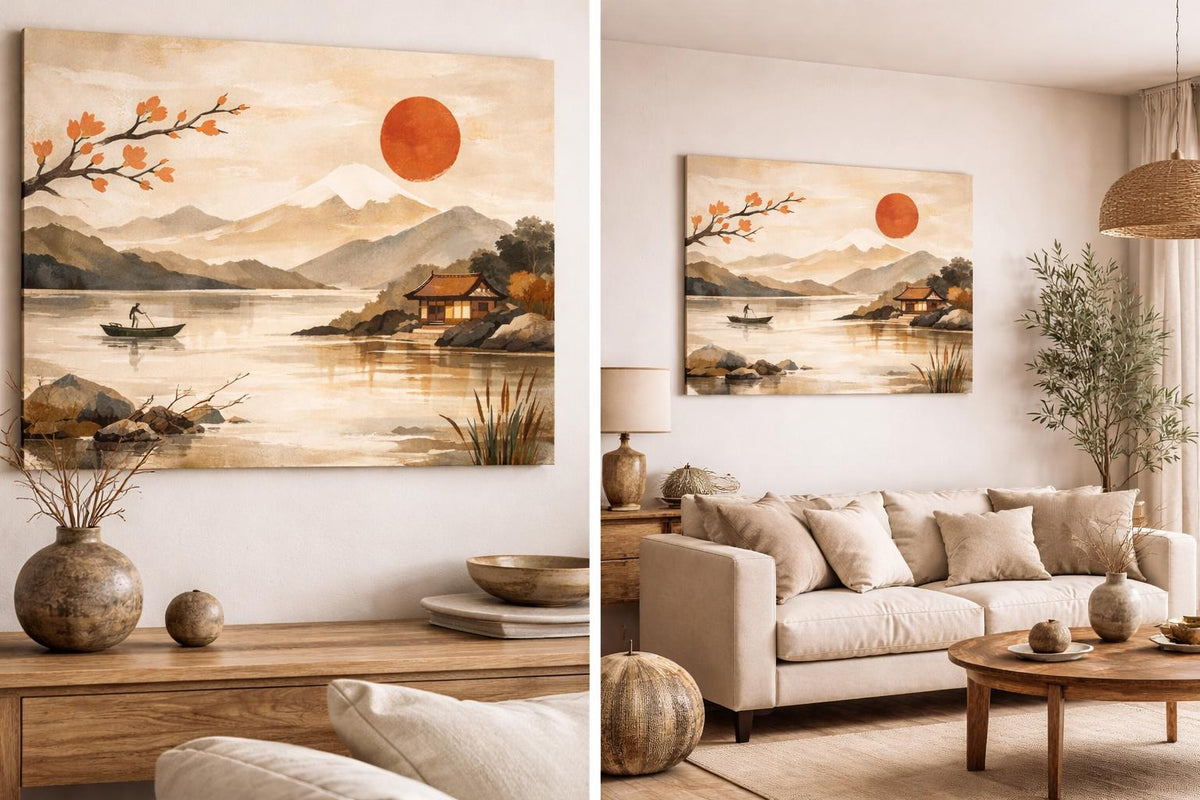 Japandi Landscape Canvas Art, Red Sun Print, Above Bed Decor