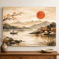 Japandi Landscape Canvas Art, Red Sun Print, Above Bed Decor
