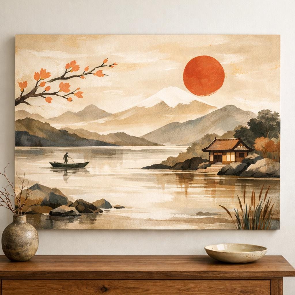 Japandi Landscape Canvas Art, Red Sun Print, Above Bed Decor