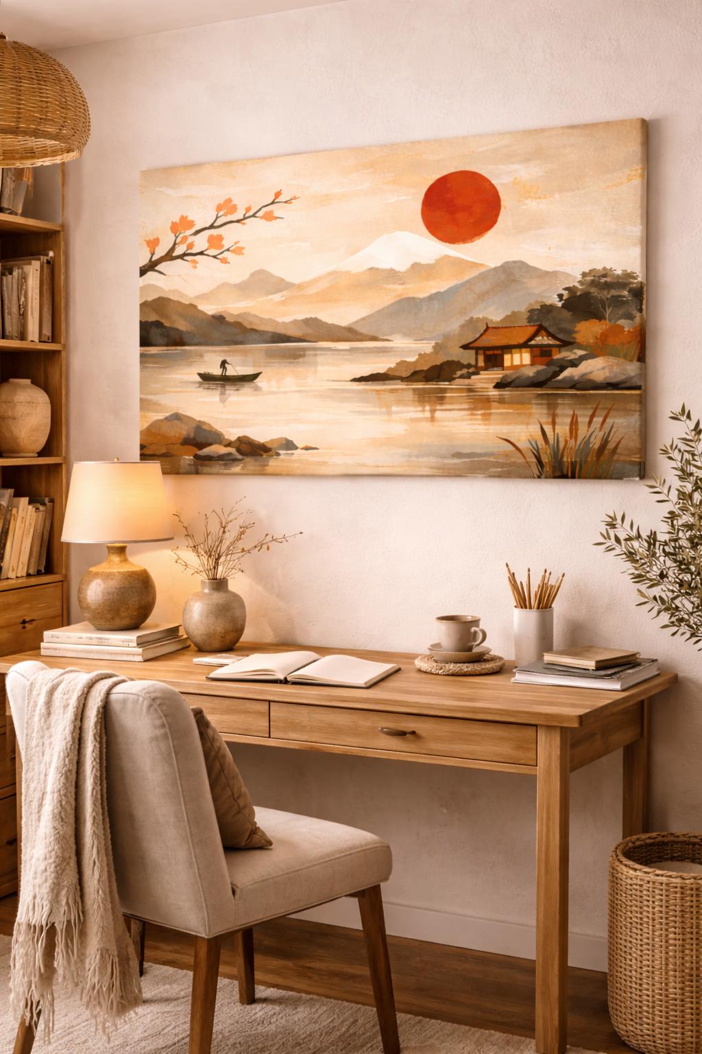 Japandi Landscape Canvas Art, Red Sun Print, Above Bed Decor