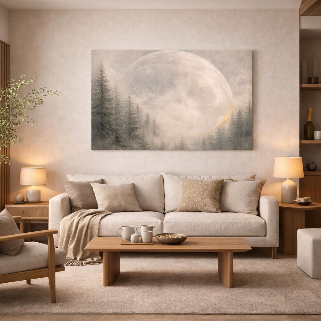 Giant Moon Pine Forest Canvas, Moody Celestial Landscape, Neutral Over Bed Art