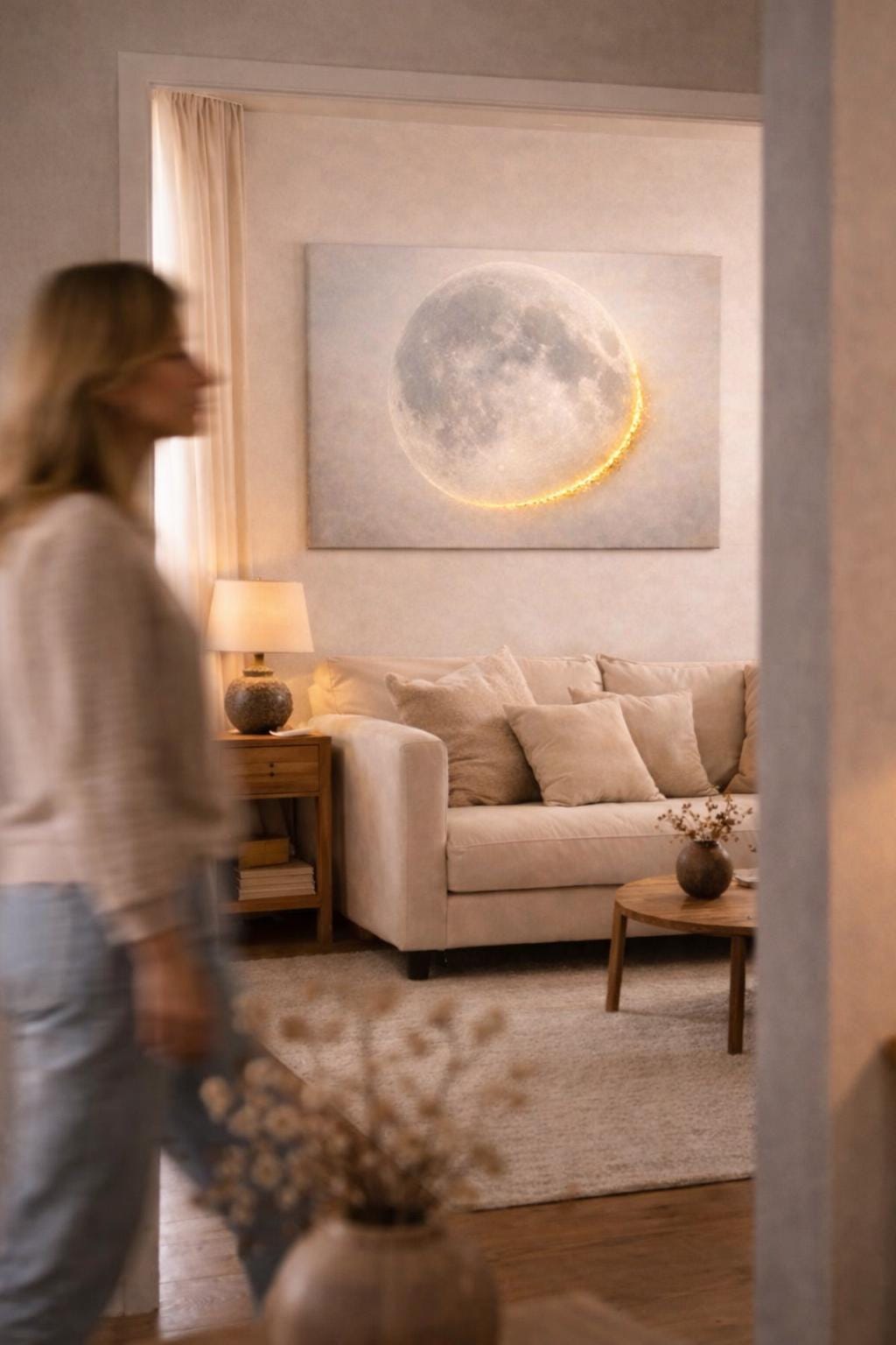 Large Panorama Gold Moon Canvas Art, Celestial Wall Hanging, Ethereal Bedroom Decor