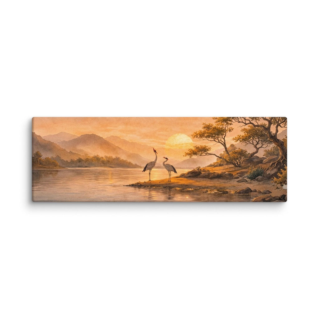 May include: A rectangular canvas print showing a tranquil sunset scene. Two cranes stand by a lake, with mountains in the distance. The sky is a warm orange hue, creating a peaceful and serene atmosphere. The artwork evokes a sense of calm