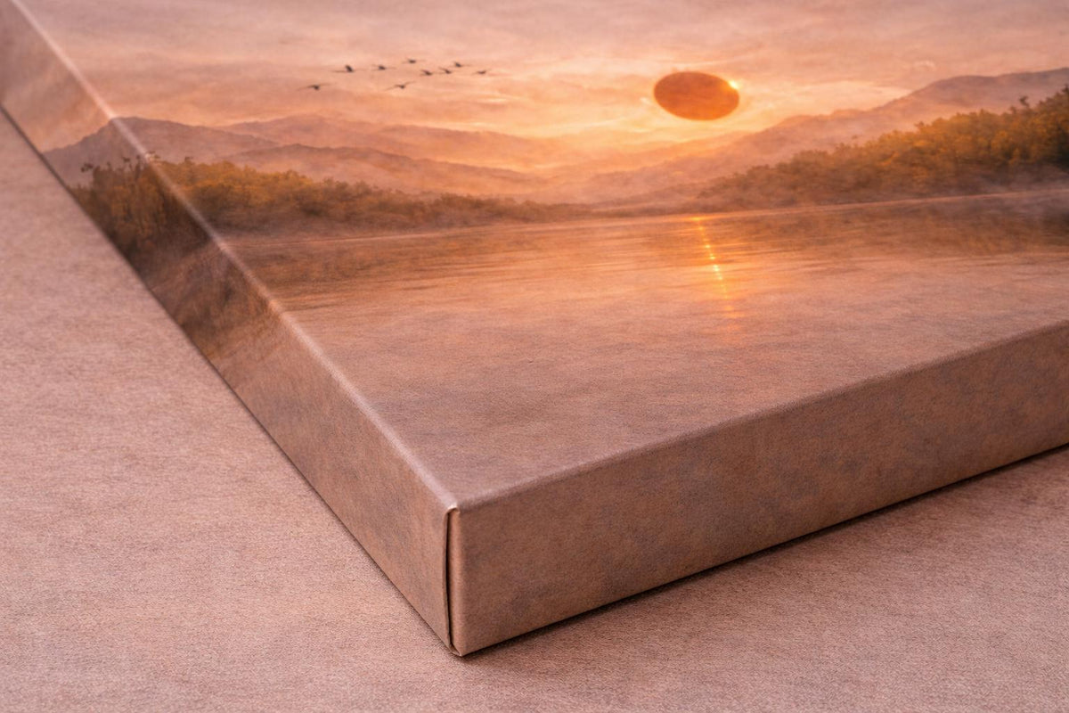 Panoramic Canvas Wall Art, Japandi Sunset Lake Mountain Landscape Painting 3:1 Horizonal