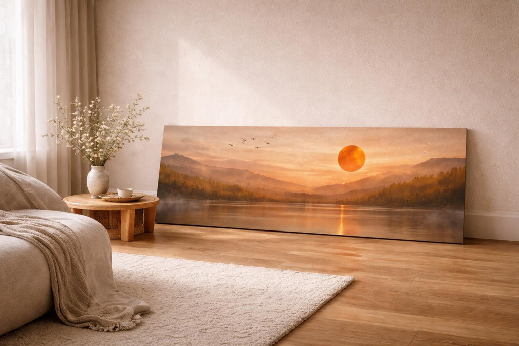 Panoramic Canvas Wall Art, Japandi Sunset Lake Mountain Landscape Painting 3:1 Horizonal
