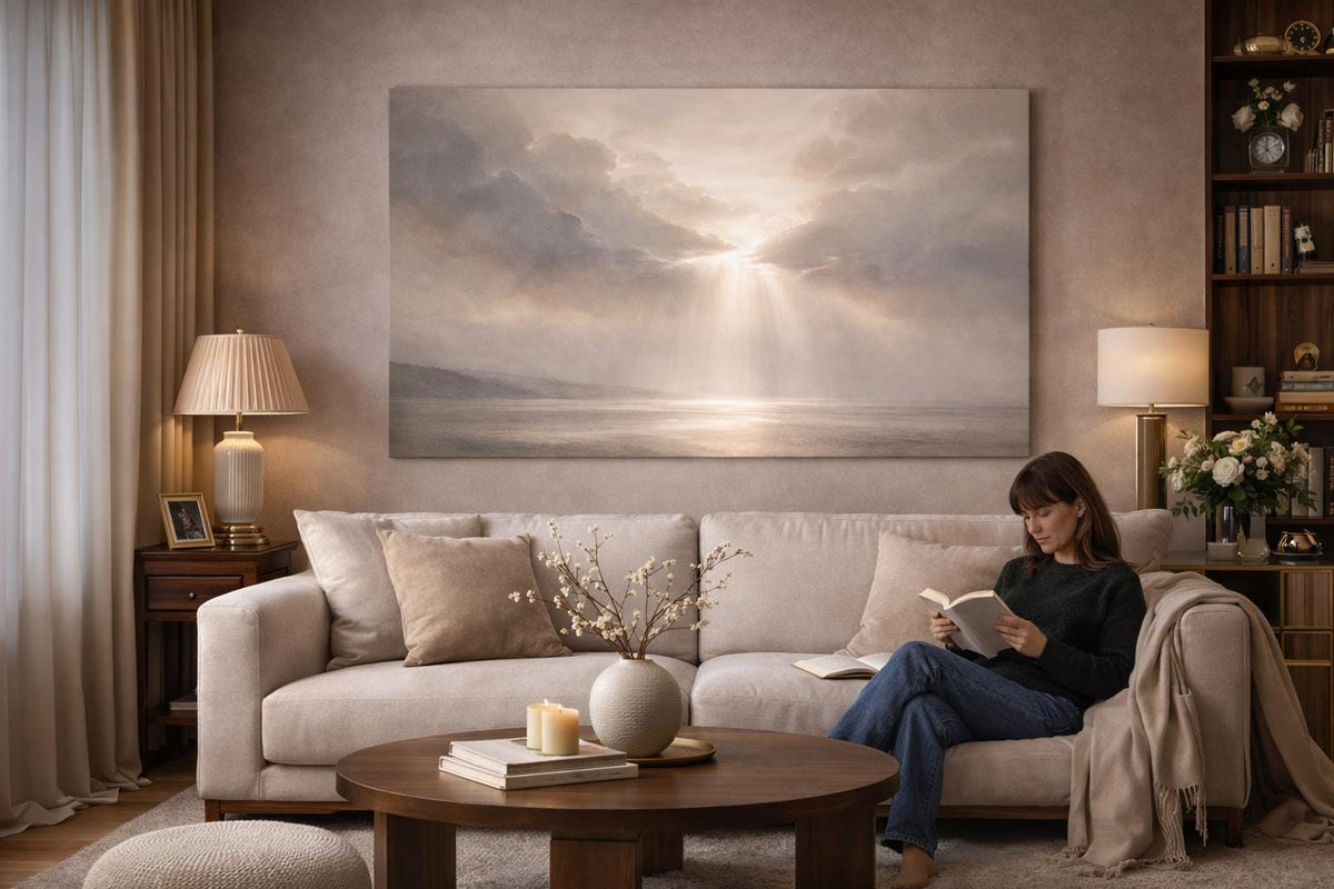 Neutral Beige Panorama Canvas ”Slow Morning” - Minimalist Above Bed Decor Art - Wabi-Sabi