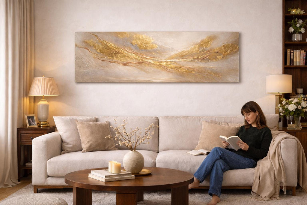 Golden Abstract Panoramic Canvas Art | Luxury Modern Gold Statement Piece 3:1 Horizonal