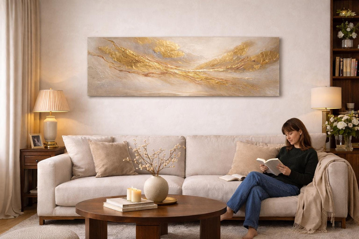 Golden Abstract Panoramic Canvas Art | Luxury Modern Gold Statement Piece 3:1 Horizonal