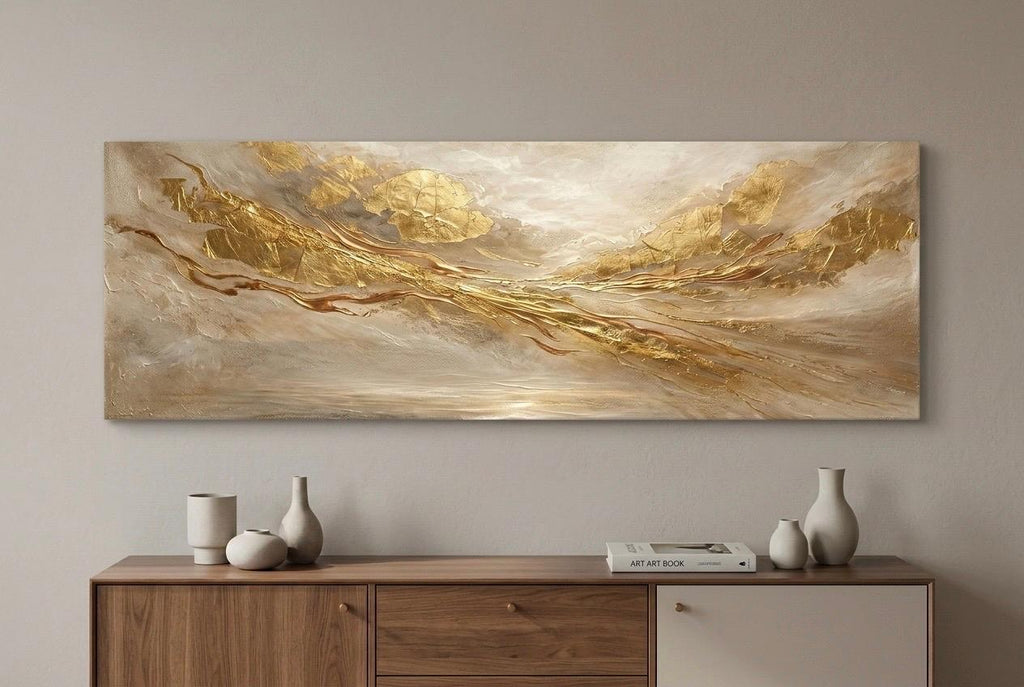 Golden Abstract Panoramic Canvas Art | Luxury Modern Gold Statement Piece 3:1 Horizonal