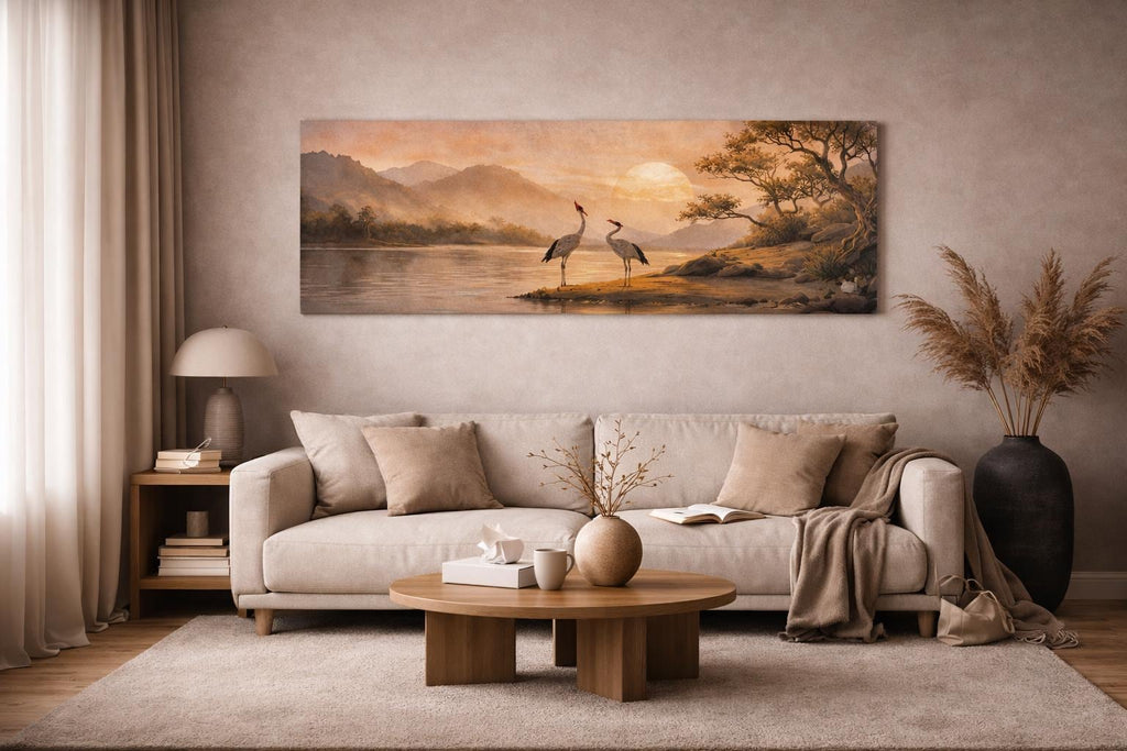 May include: A long, rectangular canvas print showing a tranquil landscape with two cranes by a lake. The artwork uses a warm palette of beige, brown, and orange, with a sunset and mountains in the background. The print is displayed above a beige sofa