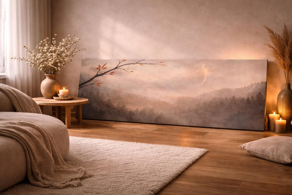 Misty Moonrise Panorama Canvas, Japandi Zen Landscape Art, 3:1 Horizontal Wall Decor
