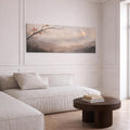 Misty Moonrise Panorama Canvas, Japandi Zen Landscape Art, 3:1 Horizontal Wall Decor