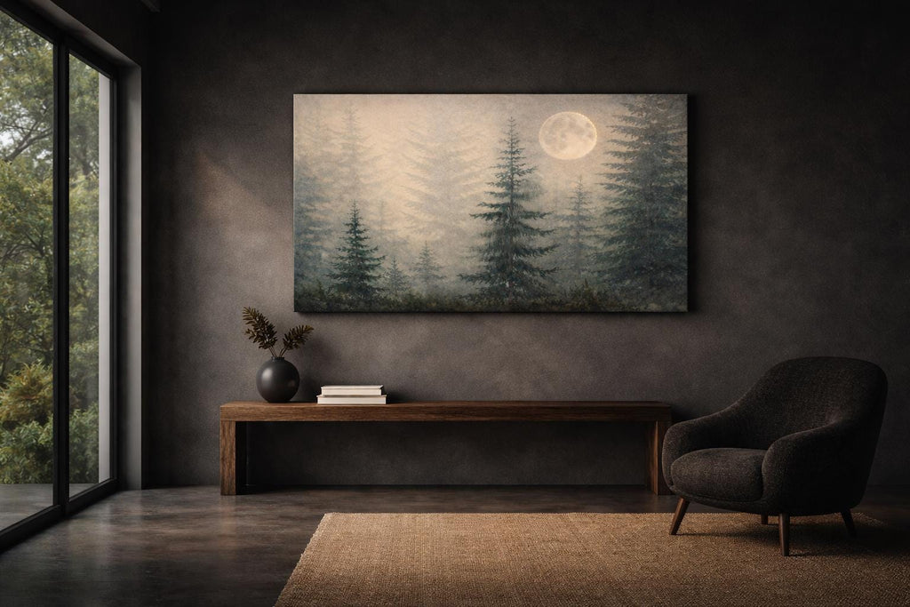 Green Forest Canvas Art: Moon Landscape Above Bed Wall Art