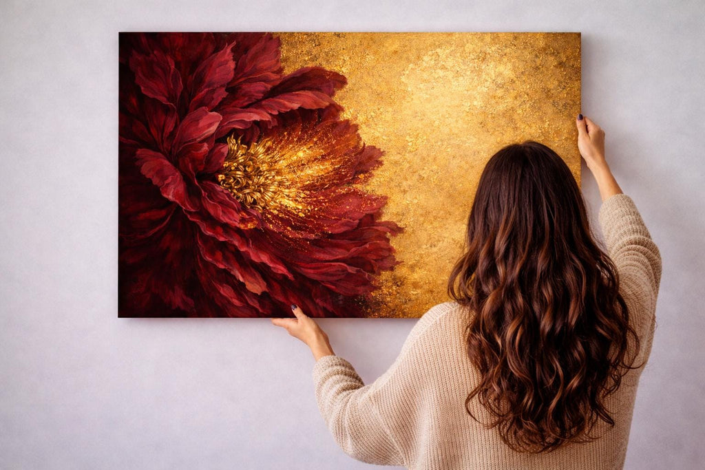 Burgundy Gold Floral Abstract Canvas Art, Moody Statement Living Room Decor