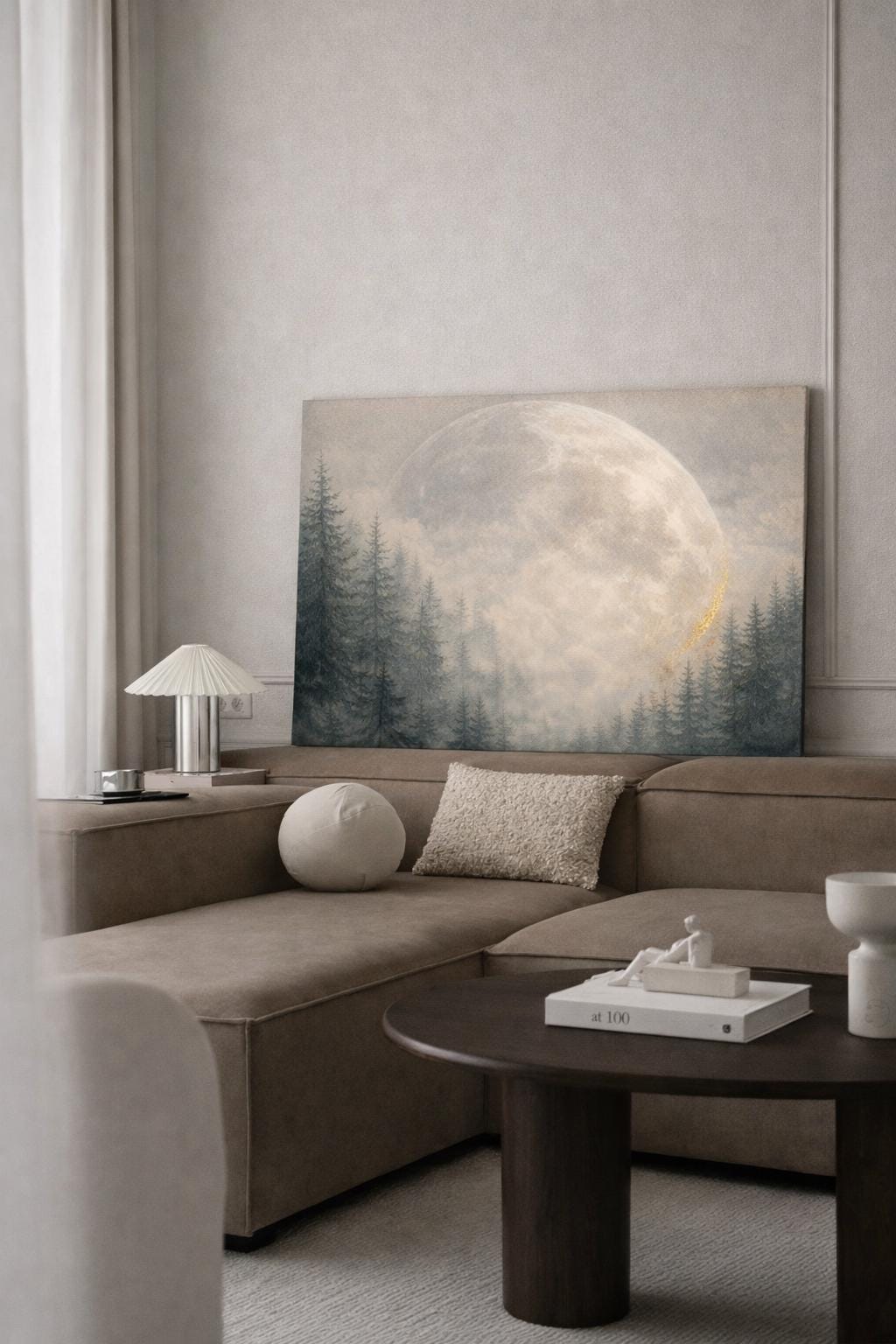Giant Moon Pine Forest Canvas, Moody Celestial Landscape, Neutral Over Bed Art