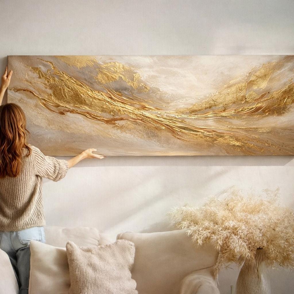 Golden Abstract Panoramic Canvas Art | Luxury Modern Gold Statement Piece 3:1 Horizonal
