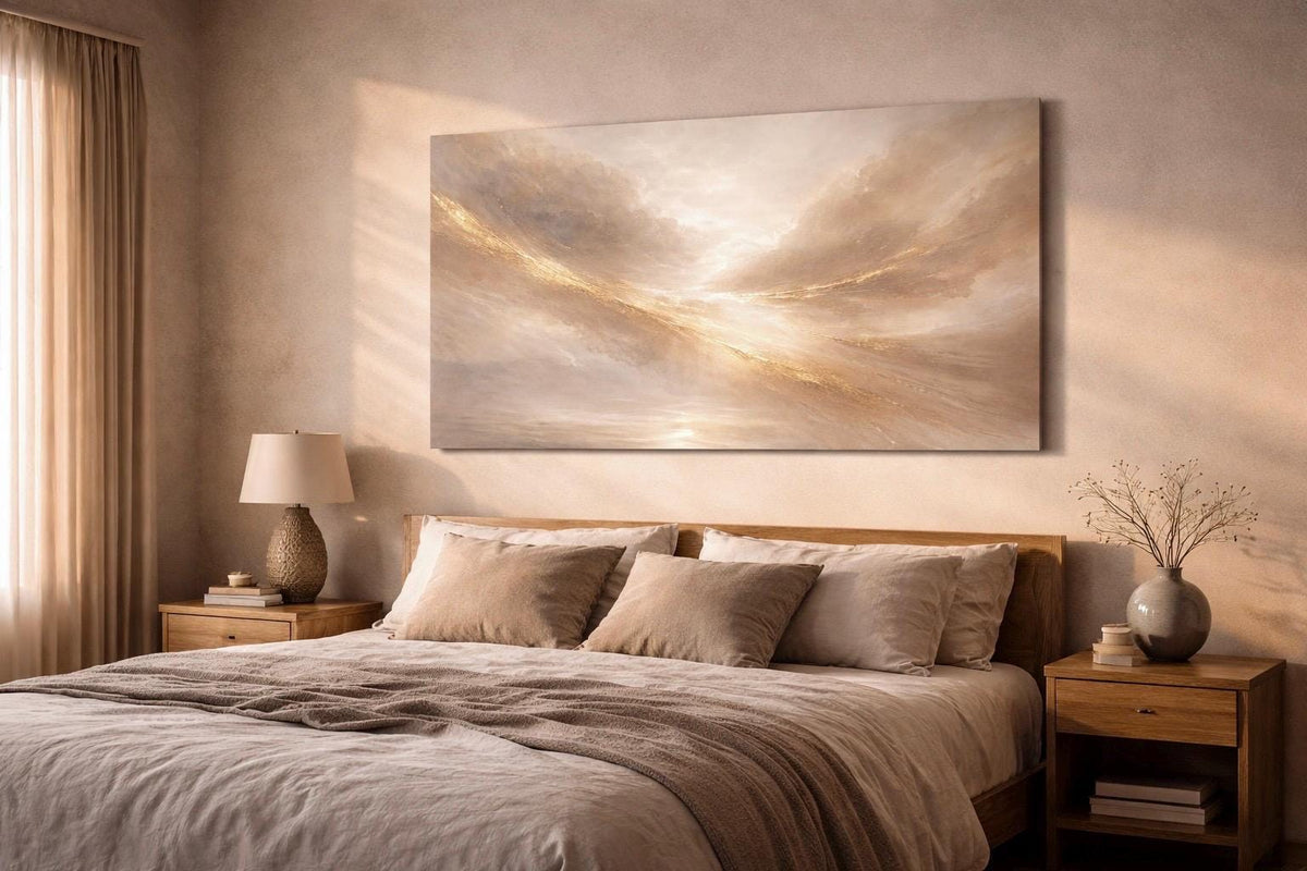 Golden Abstract Canvas Print, Ethereal Clouds, Horizontal Wall Decor