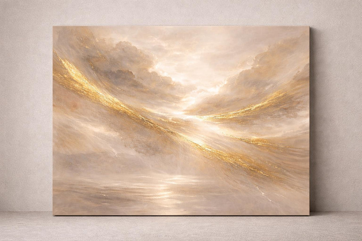 Golden Abstract Canvas Print, Ethereal Clouds, Horizontal Wall Decor