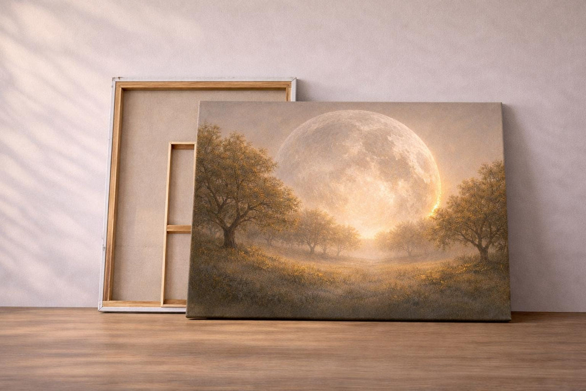 Golden Moon Landscape Canvas Print: Ethereal Celestial Wall Art