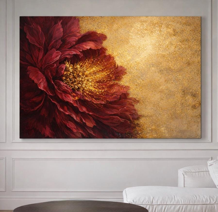 Burgundy Gold Floral Abstract Canvas Art, Moody Statement Living Room Decor