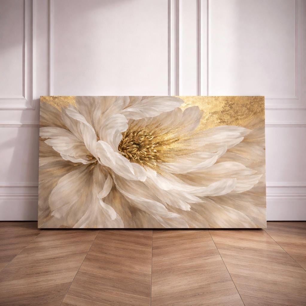Beige Peony Canvas Print, Abstract Floral Decor, Bedroom Wall Art