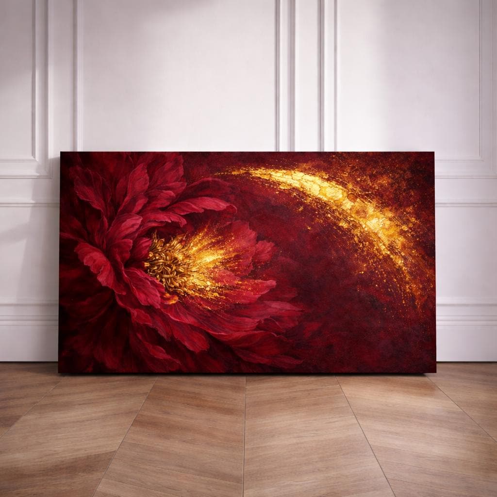 Crimson Gold Botanical Floral Canvas Art | Moody Dark Statement Wall Decor