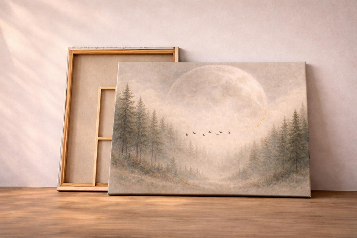 Giant Moon Birds Panoramic Canvas: Ethereal Moody Landscape Painting Print