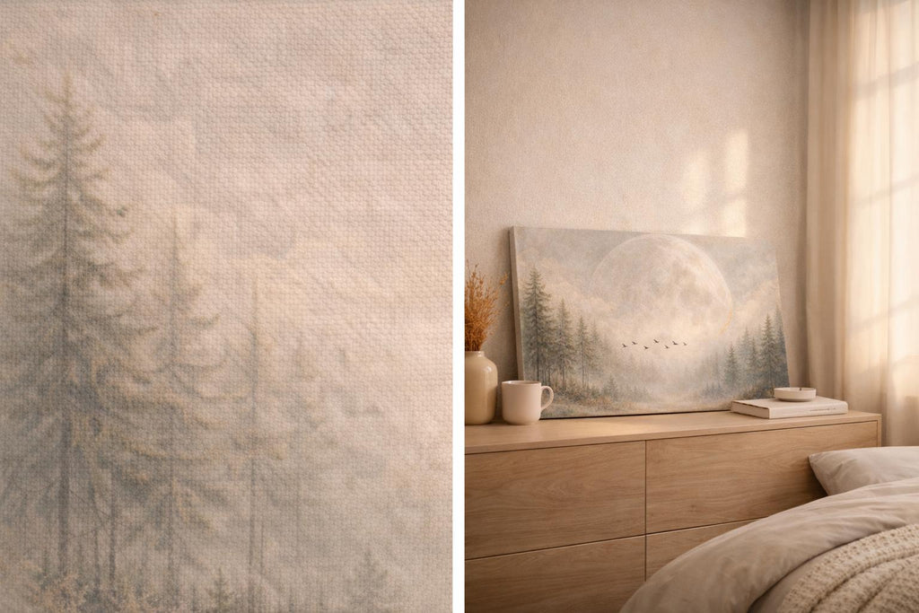 Giant Moon Birds Panoramic Canvas: Ethereal Moody Landscape Painting Print