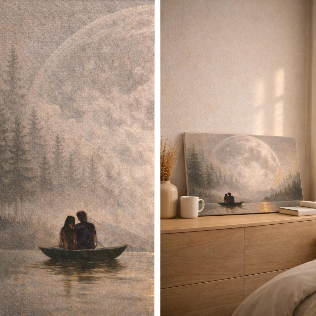 Large Panorama Canvas “Moon on the Lake” – Moody Celestial Wall Art, Above Bed Decor