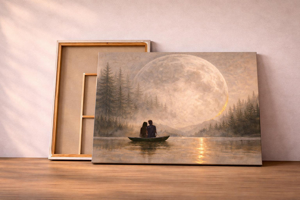 Large Panorama Canvas “Moon on the Lake” – Moody Celestial Wall Art, Above Bed Decor