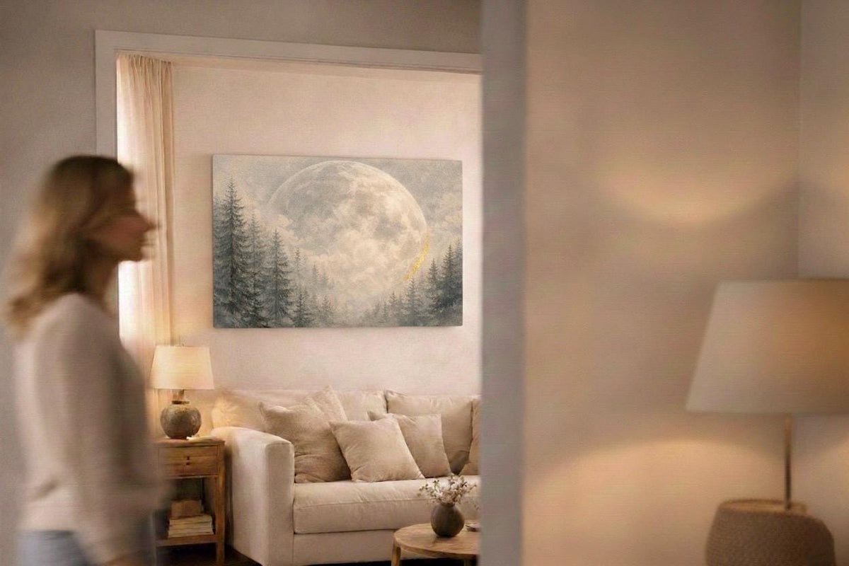 Giant Moon Pine Forest Canvas, Moody Celestial Landscape, Neutral Over Bed Art