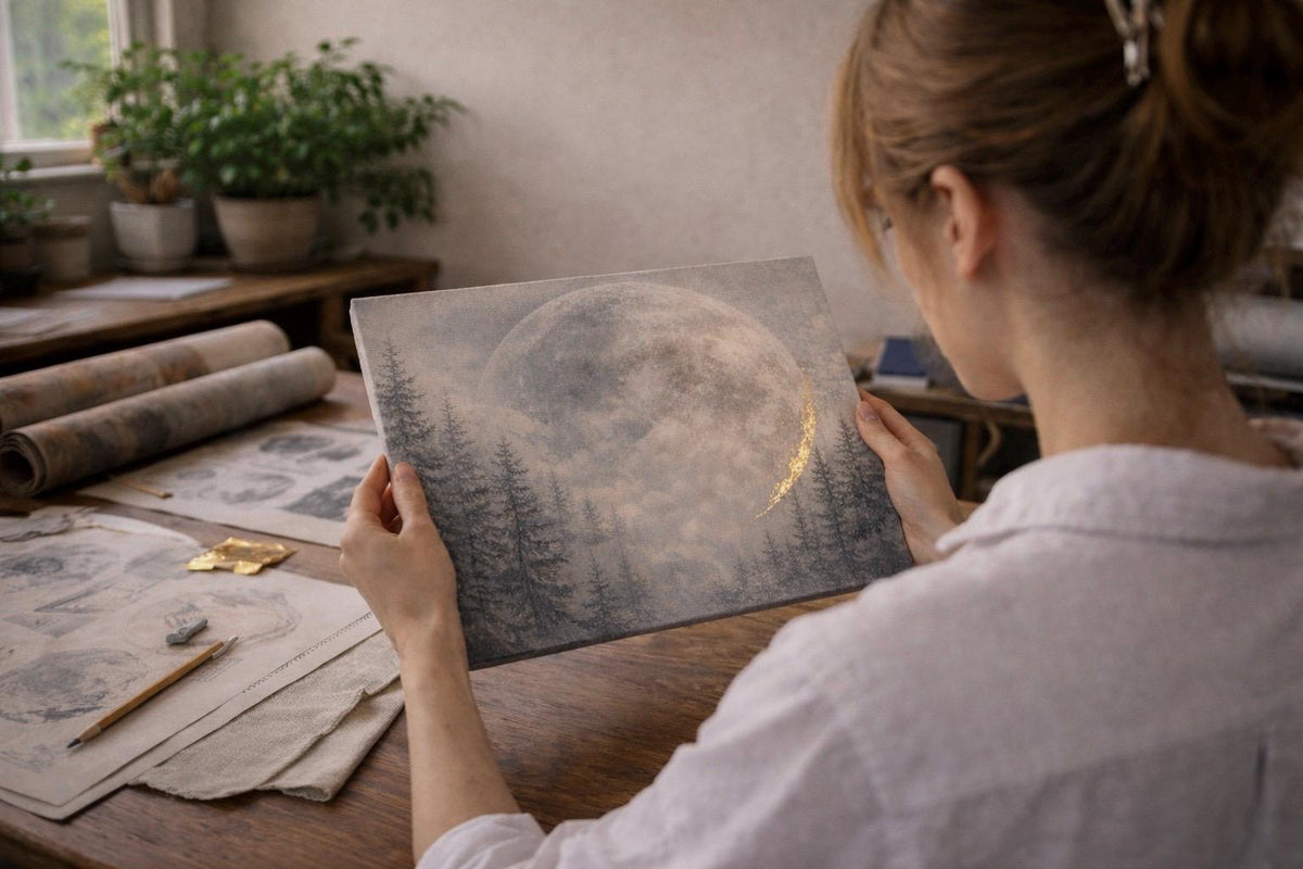 Giant Moon Pine Forest Canvas, Moody Celestial Landscape, Neutral Over Bed Art
