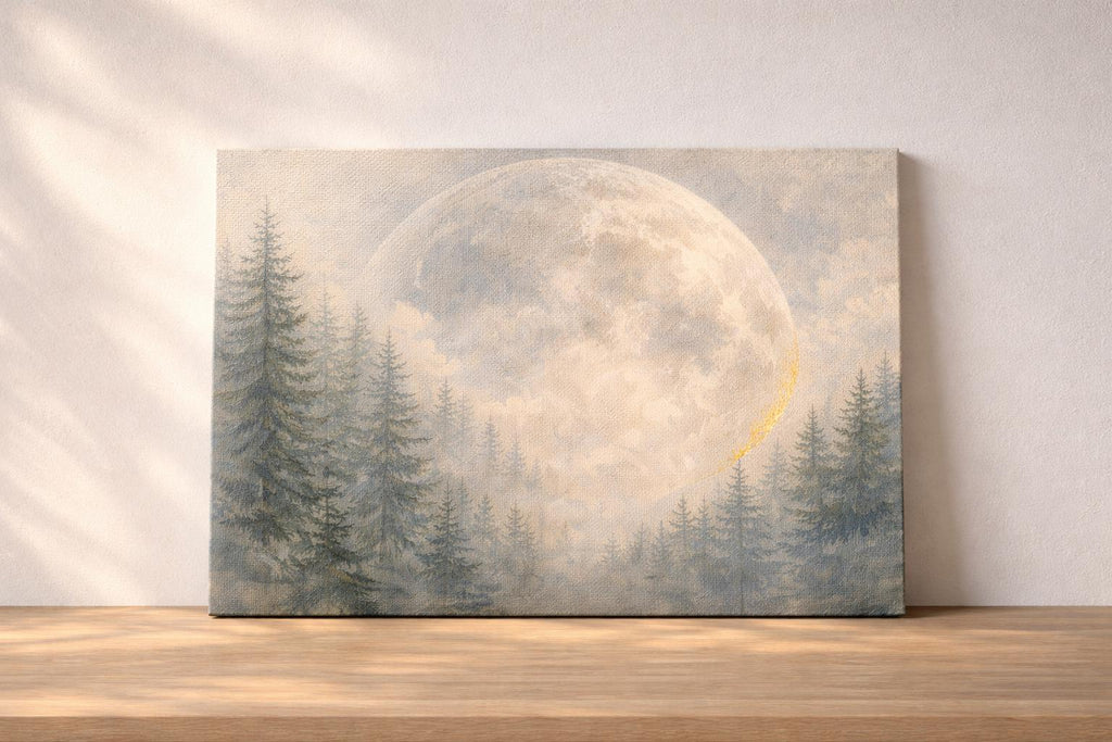 Giant Moon Pine Forest Canvas, Moody Celestial Landscape, Neutral Over Bed Art
